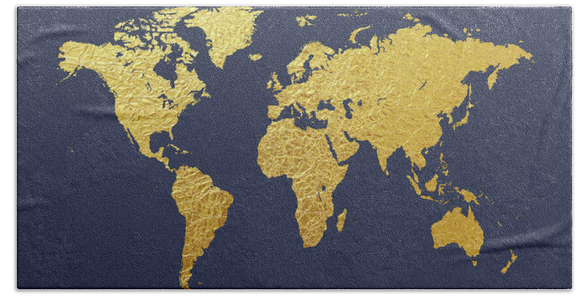 World Map Hand Towel featuring the digital art World Map Gold Foil by Michael Tompsett