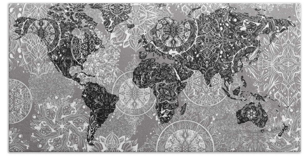 Map Of The World Bath Towel featuring the digital art World Map Mandala Grey by Bekim M