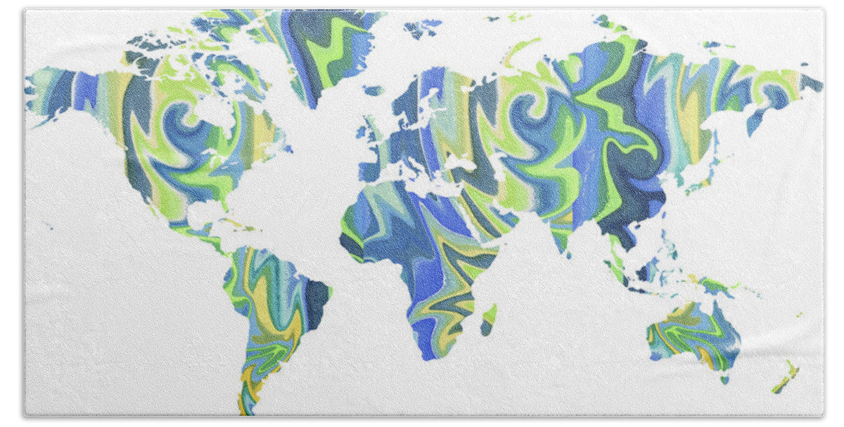 World Bath Towel featuring the painting World Map Organic Blue by Irina Sztukowski