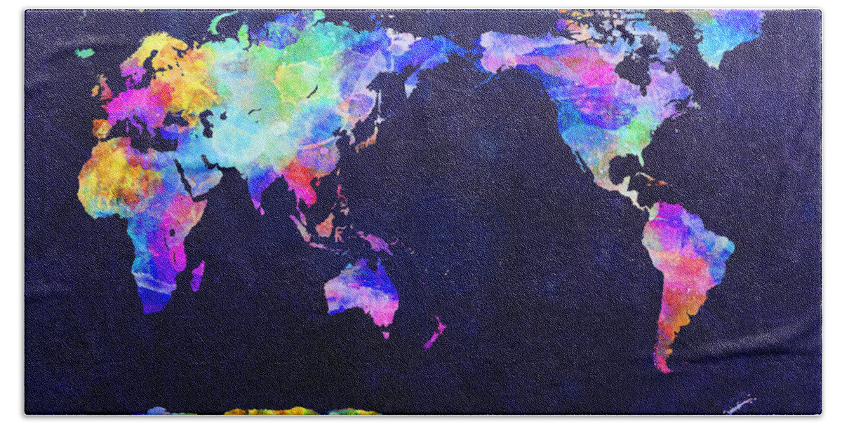 Map Of The World Bath Towel featuring the digital art World Map Urban Watercolor Pacific by Michael Tompsett