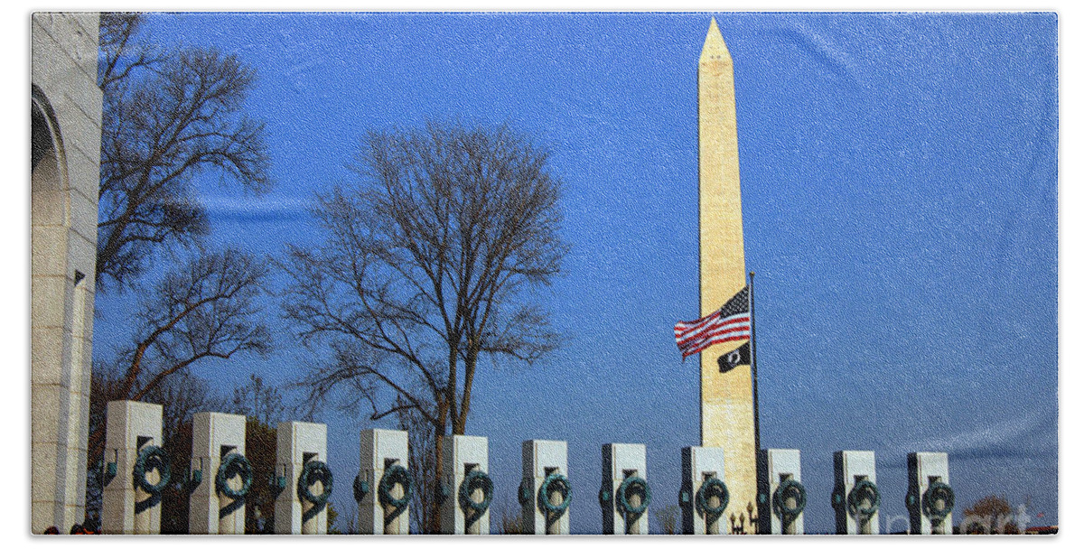 Clay Hand Towel featuring the photograph World War II Memorial and Washington Monument by Clayton Bruster
