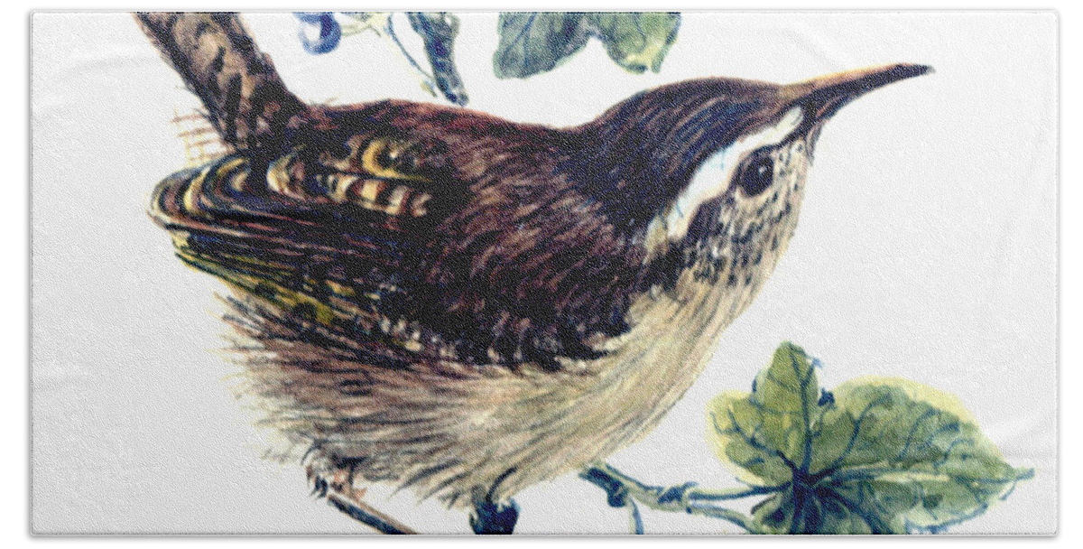 Wren In The Ivy Hand Towel featuring the painting Wren in the ivy by Nell Hill