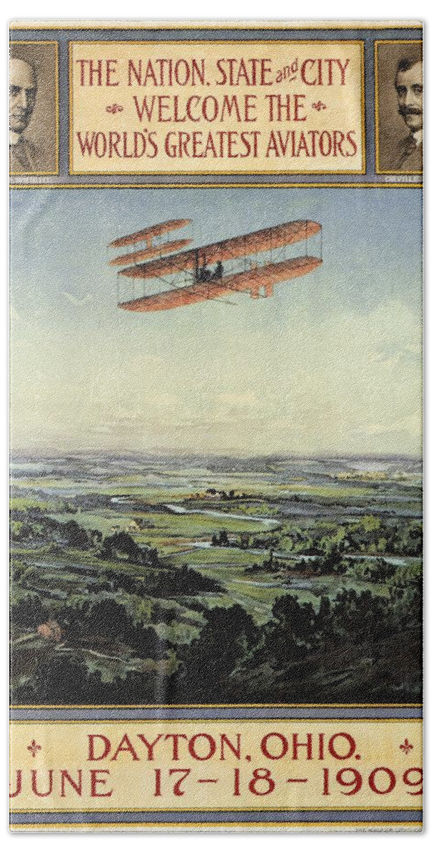 Dayton Hand Towel featuring the mixed media Wright Brothers - World's Greatest Aviators - Dayton, Ohio - Retro travel Poster - Vintage Poster by Studio Grafiikka