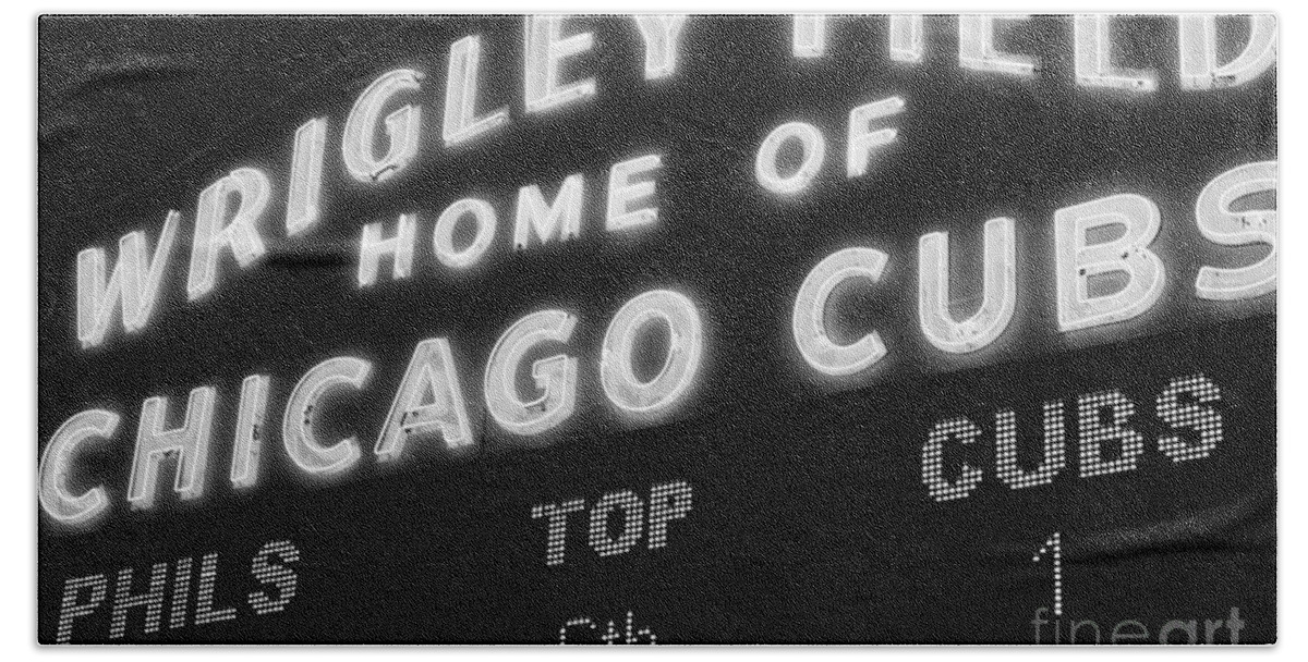 America Hand Towel featuring the photograph Wrigley Field Sign Black and White Picture by Paul Velgos