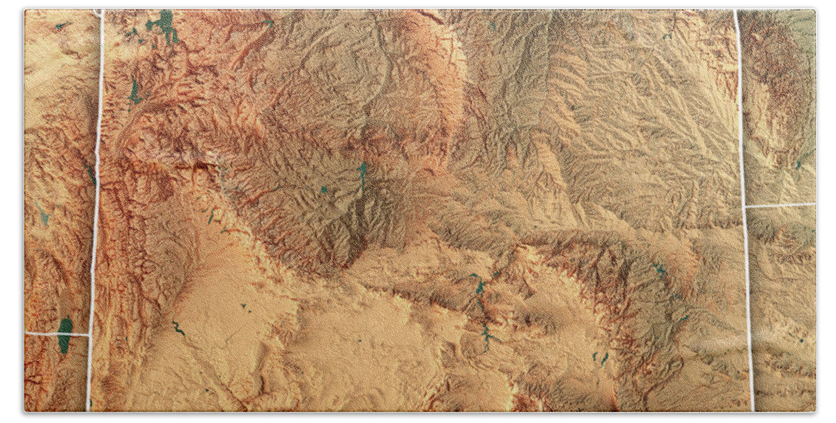 Wyoming Hand Towel featuring the digital art Wyoming State USA 3D Render Topographic Map Border by Frank Ramspott