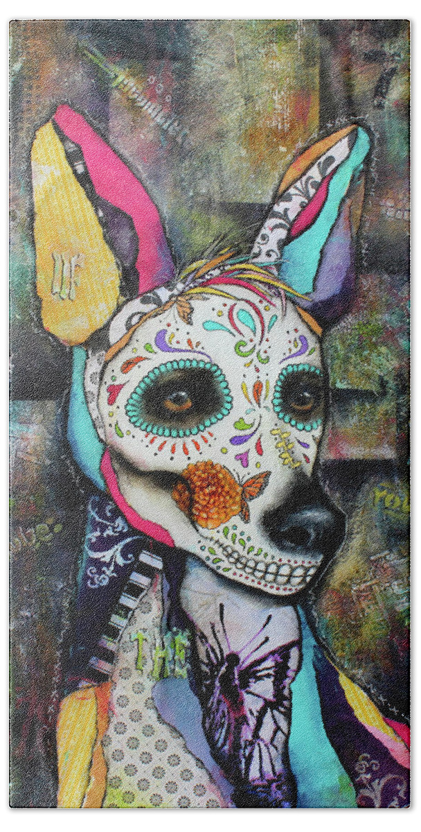 Xolo Dog Hand Towel featuring the mixed media Xolo Mexican Hairless Day of the Dead by Patricia Lintner