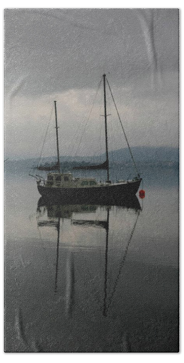 Seascapes Bath Towel featuring the photograph Yacht At Silent Moorings by Lee Stickels