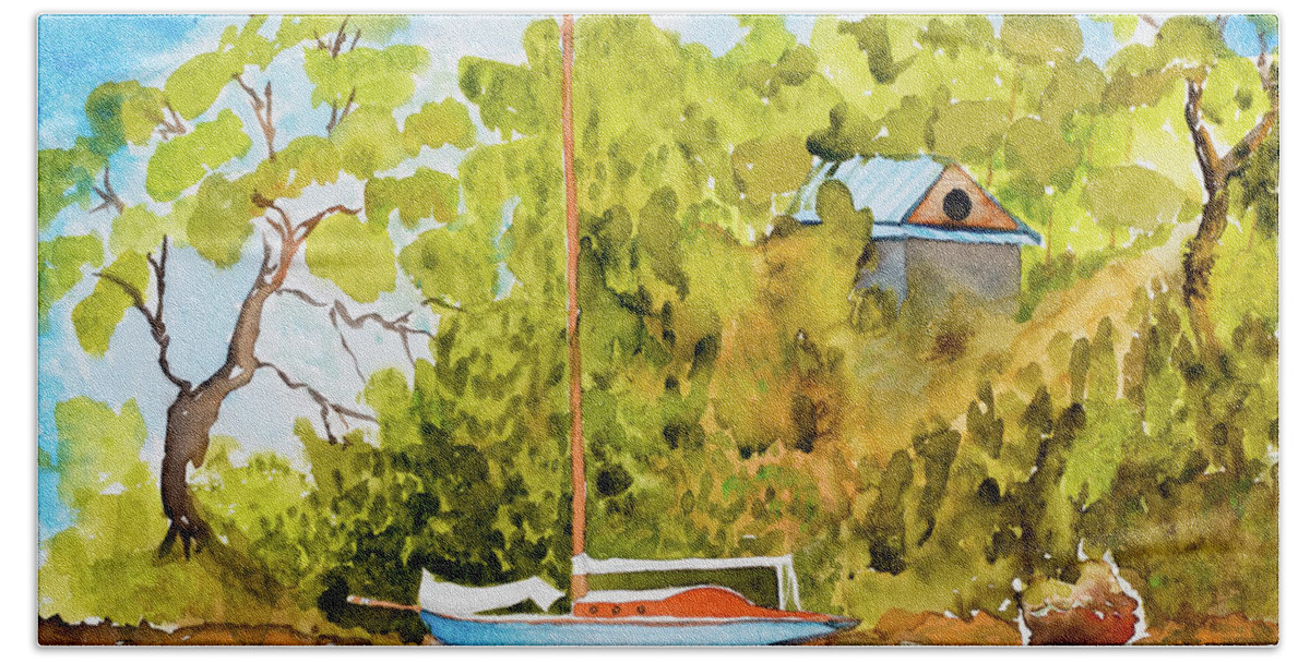 Yacht Bath Towel featuring the painting Yacht Weene' in Barnes Bay by Dorothy Darden