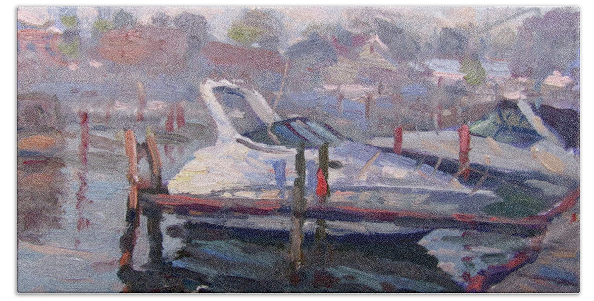 Yachts Hand Towel featuring the painting Yachts at the Harbor by Ylli Haruni