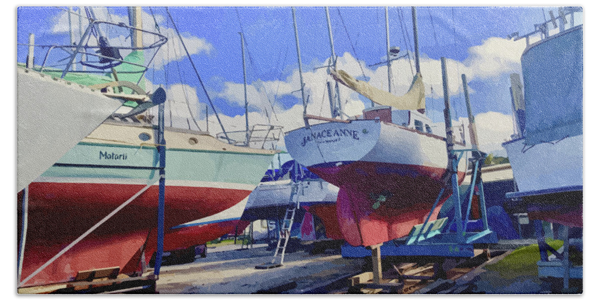 Digital Hand Towel featuring the mixed media Yachts Winter High and Dry Devonport by Clive Littin