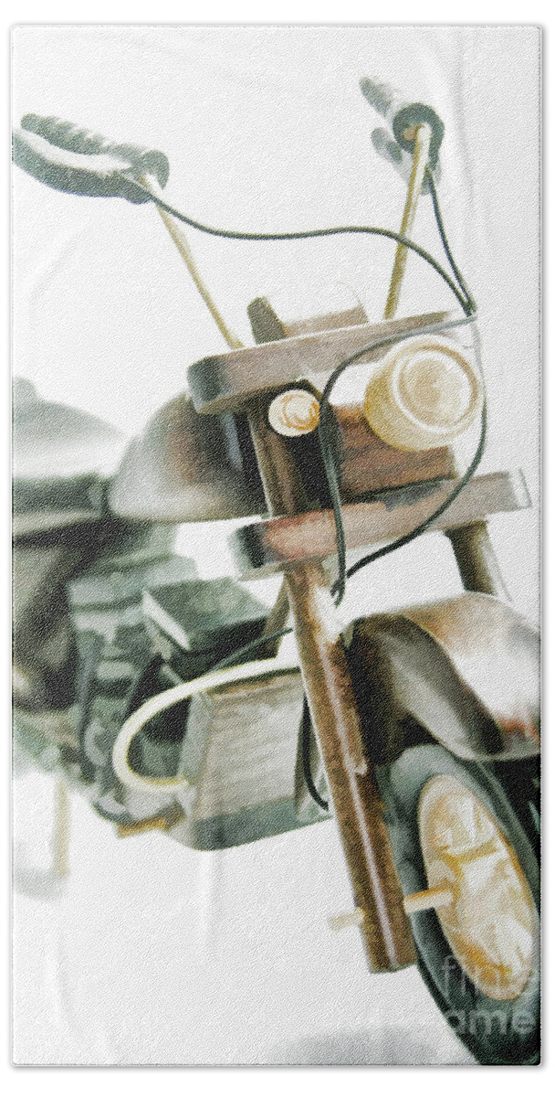 Motorcycle Bath Towel featuring the photograph Yard Sale Wooden Toy Motorcycle by Wilma Birdwell