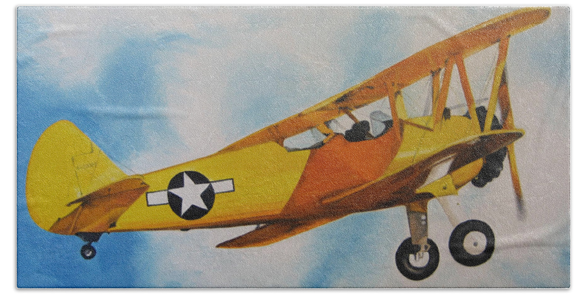 Noewi Bath Towel featuring the painting Yellow Airplane - Detail by Jindra Noewi