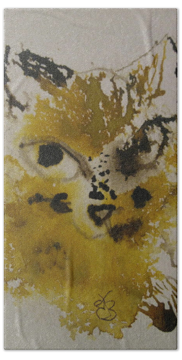 Yellow Bath Towel featuring the drawing Yellow And Brown Cat by AJ Brown