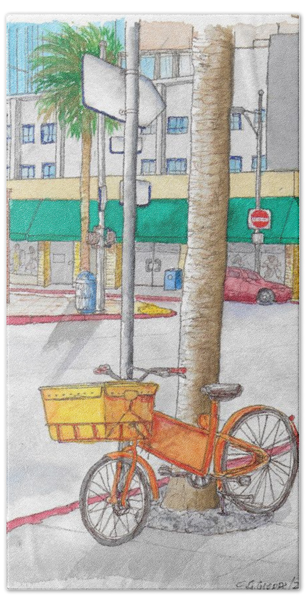 Bicycle Bath Towel featuring the painting Yellow and orange bicycle in Beverly Hills, California by Carlos G Groppa