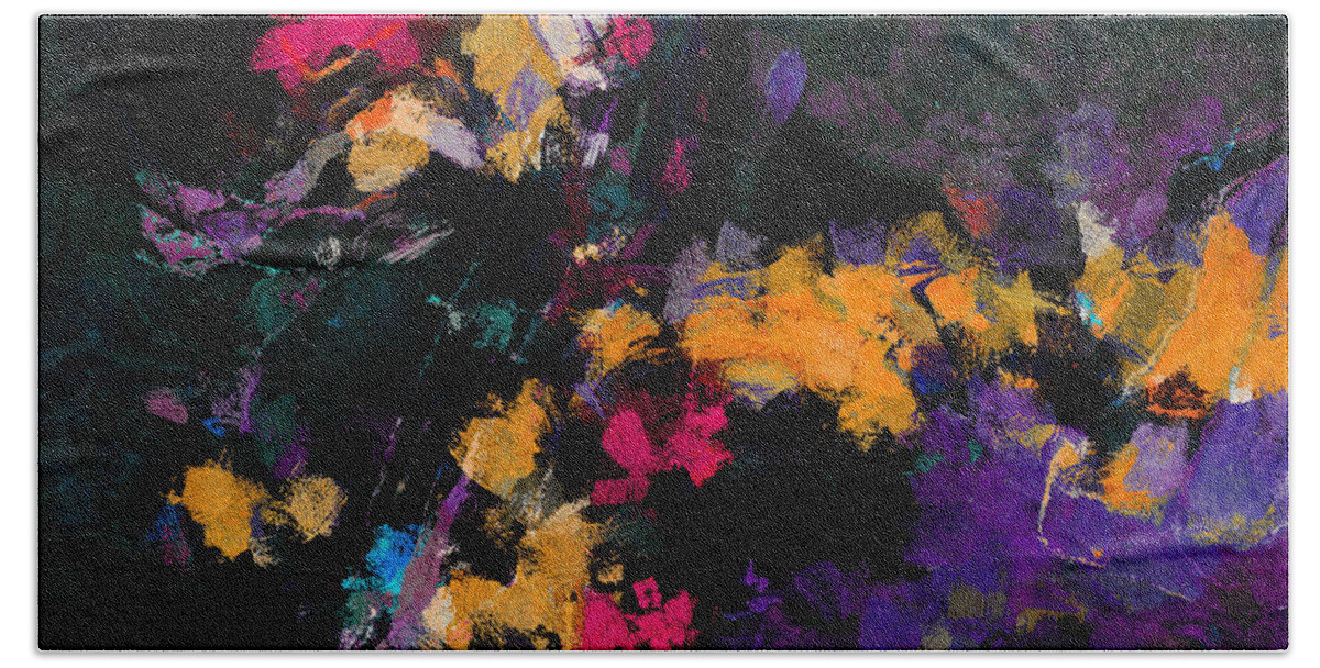 Abstract Bath Towel featuring the painting Yellow and Purple Abstract / Modern Painting by Inspirowl Design