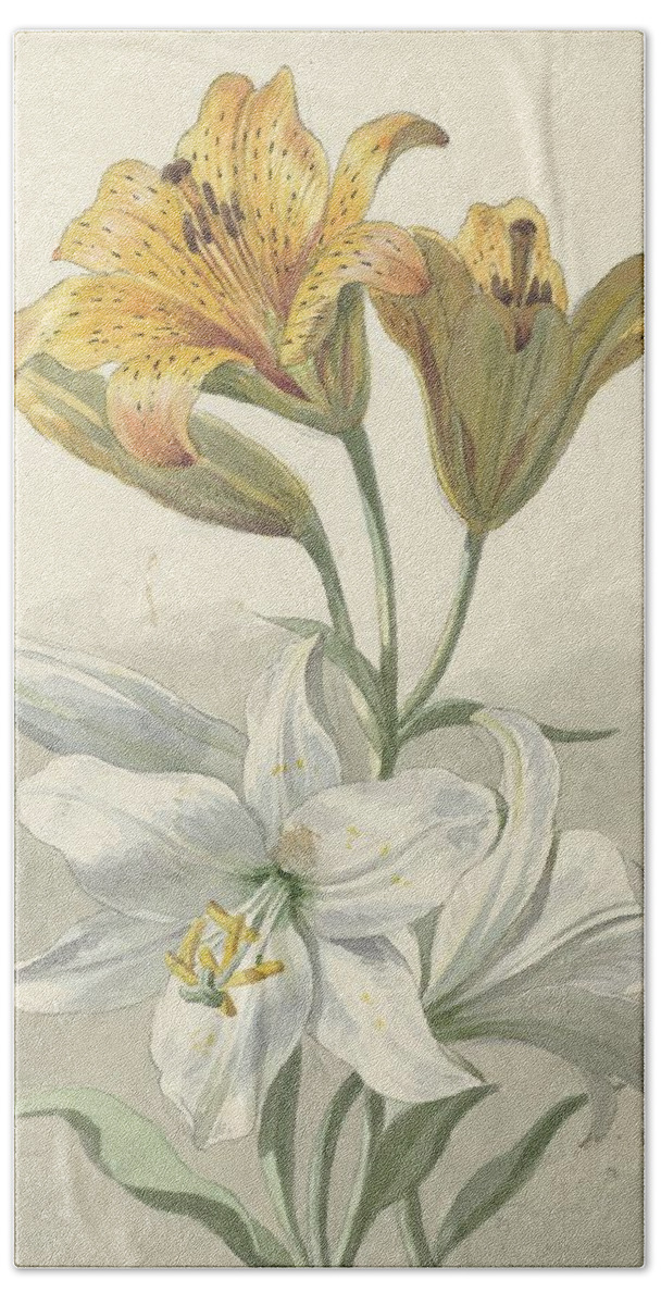 Yellow And White Lilies Bath Towel featuring the painting Yellow and White Lilies by Willem van