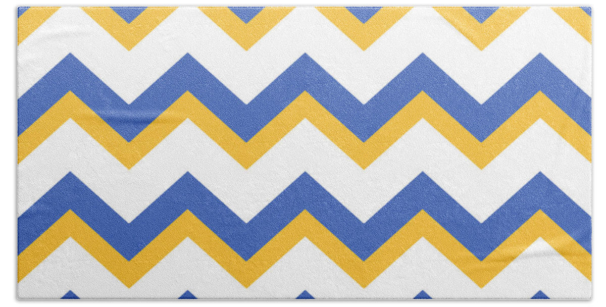 Chevron Hand Towel featuring the mixed media Yellow Blue Chevron Pattern by Christina Rollo