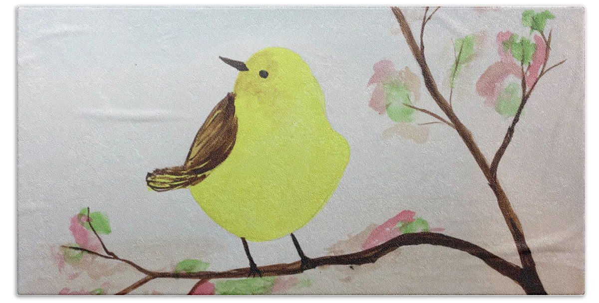 Watercolor Painting Bath Towel featuring the painting Yellow Chickadee on a branch by Martin Valeriano