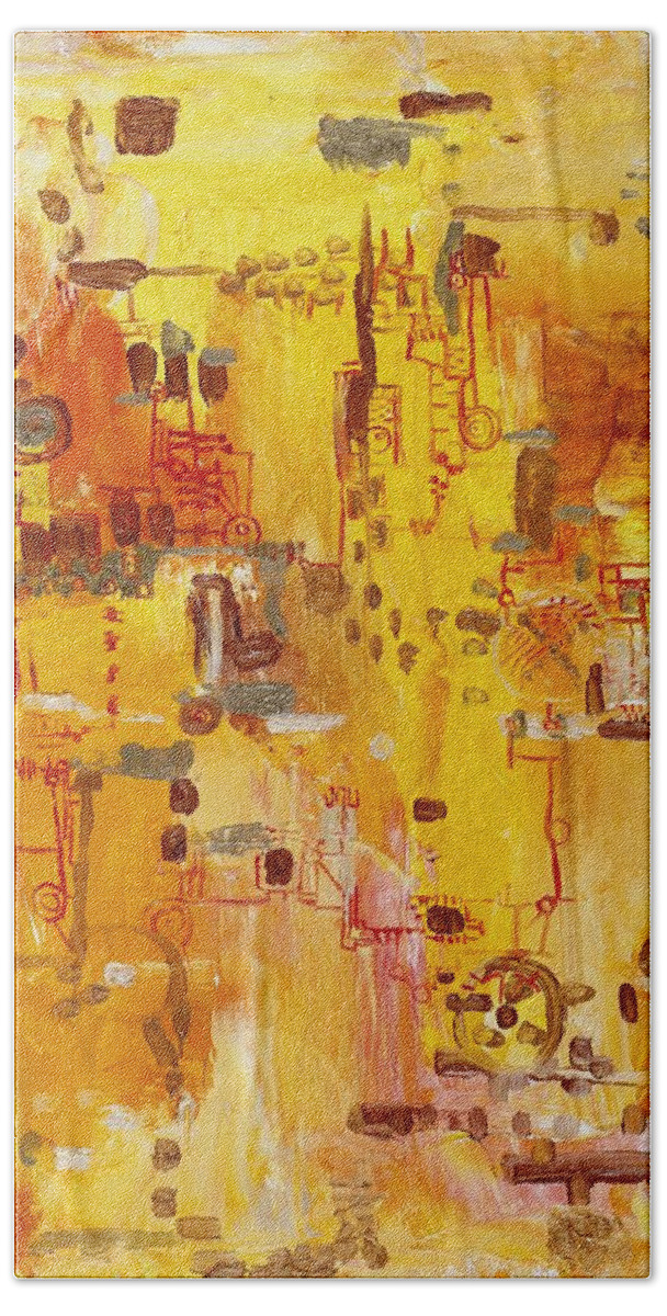 Landscape Bath Towel featuring the painting Yellow Conundrum by Regina Valluzzi