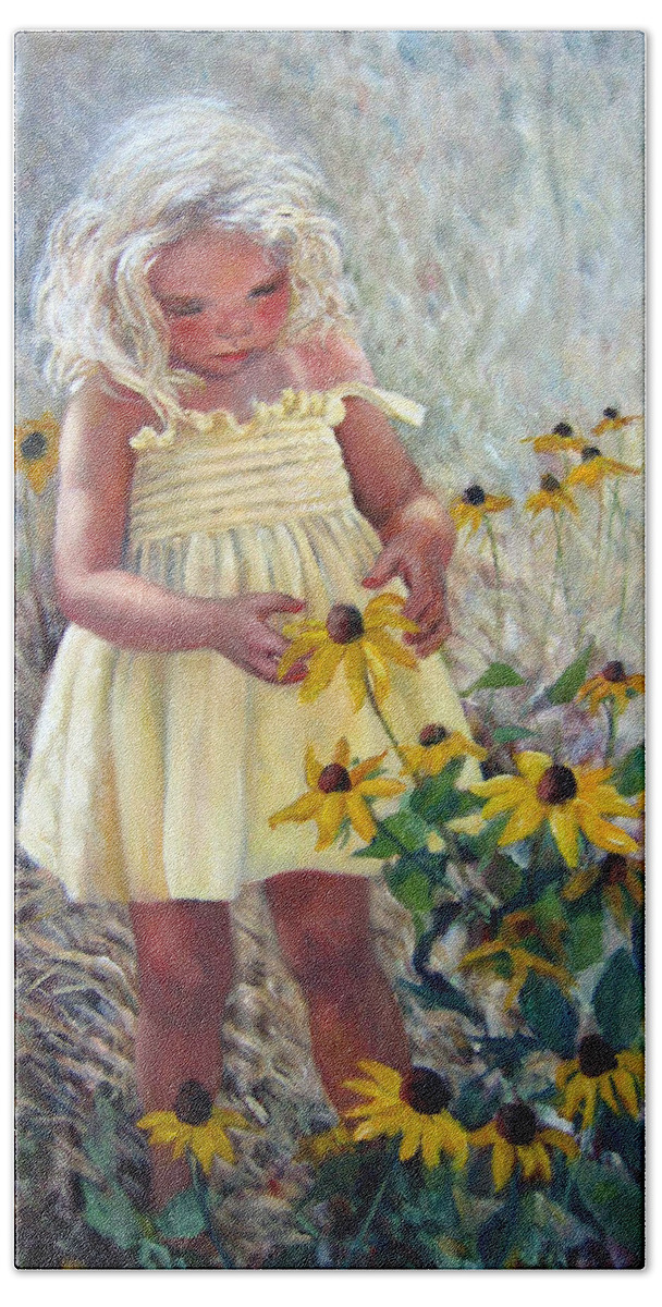 Yellow Sundress Bath Towel featuring the painting Yellow Dress and Coneflowers by Marie Witte