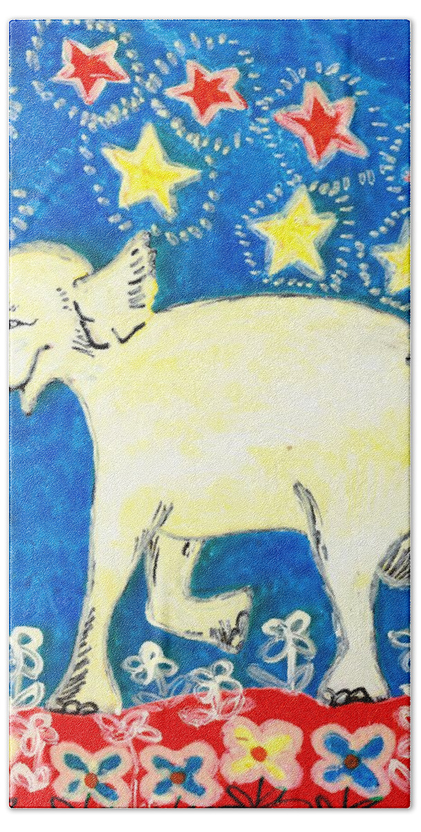 Sue Burgess Hand Towel featuring the painting Yellow elephant facing left by Sushila Burgess