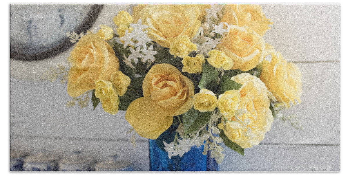 Aqua Bath Towel featuring the photograph Yellow Flowers in a Blue Vase by Juli Scalzi