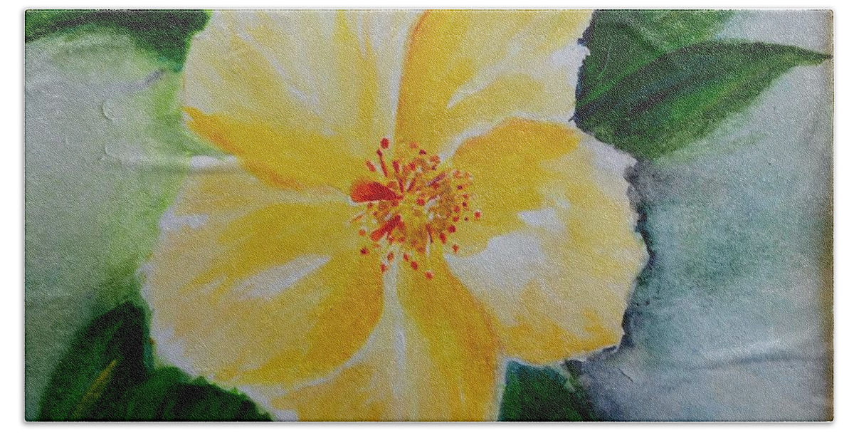Flower Hand Towel featuring the painting Yellow Hibiscus by Jamie Frier