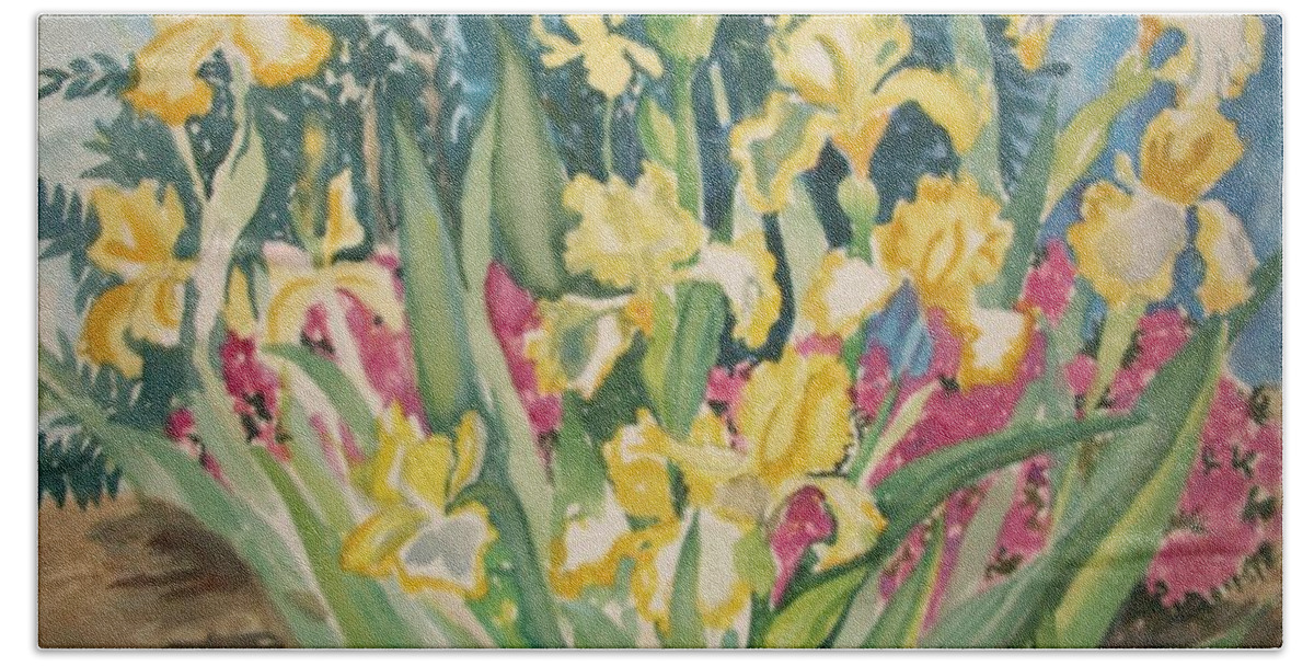 Iris Bath Towel featuring the painting Yellow Iris by Judith Young