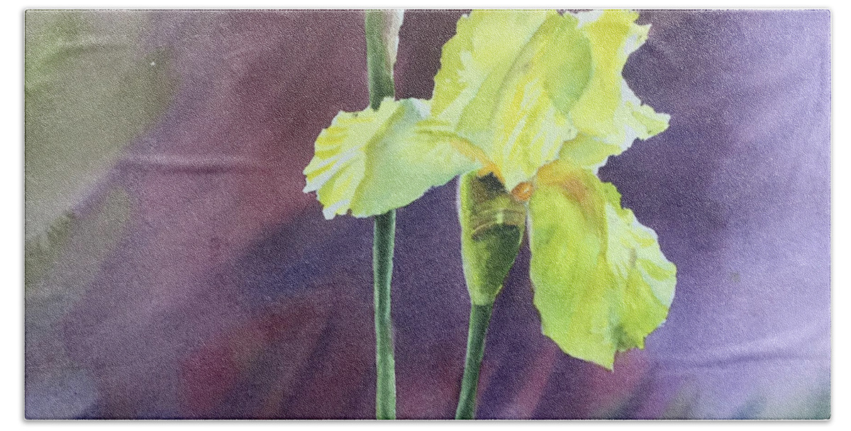 Yellow Iris Bath Towel featuring the painting Yellow Iris by Watercolor Meditations