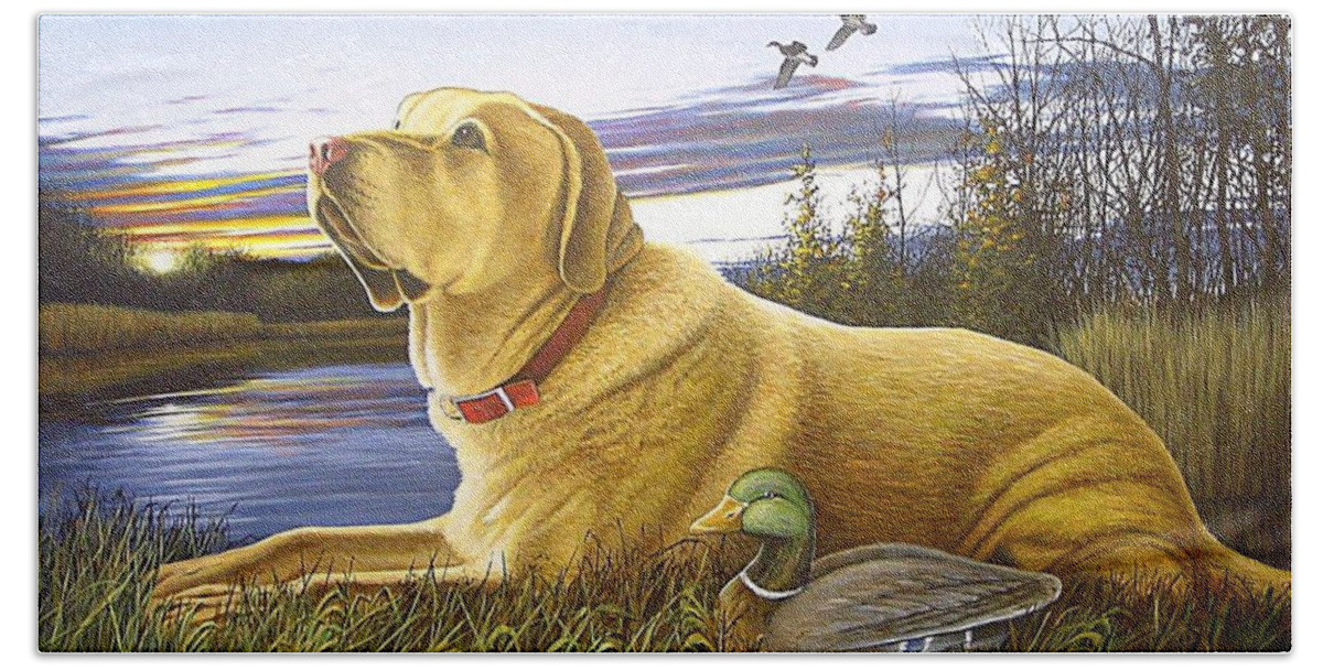 Yellow Lab Hand Towel featuring the painting Yellow Lab with Decoy by Anthony J Padgett