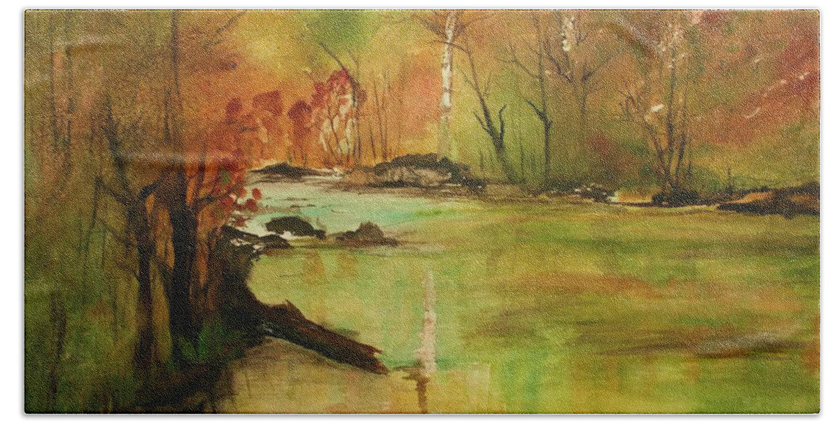 Landscape Paintings. Nature Bath Towel featuring the painting Yellow Medicine river by Julie Lueders 