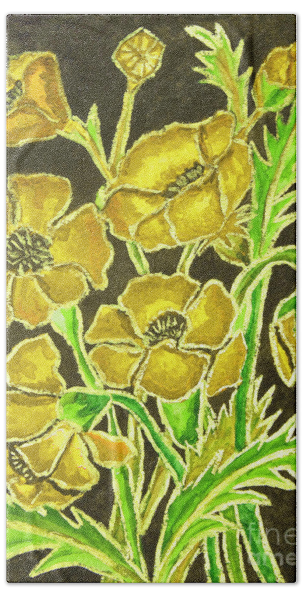 Poppy Hand Towel featuring the painting Yellow Poppies on black background, painting by Irina Afonskaya