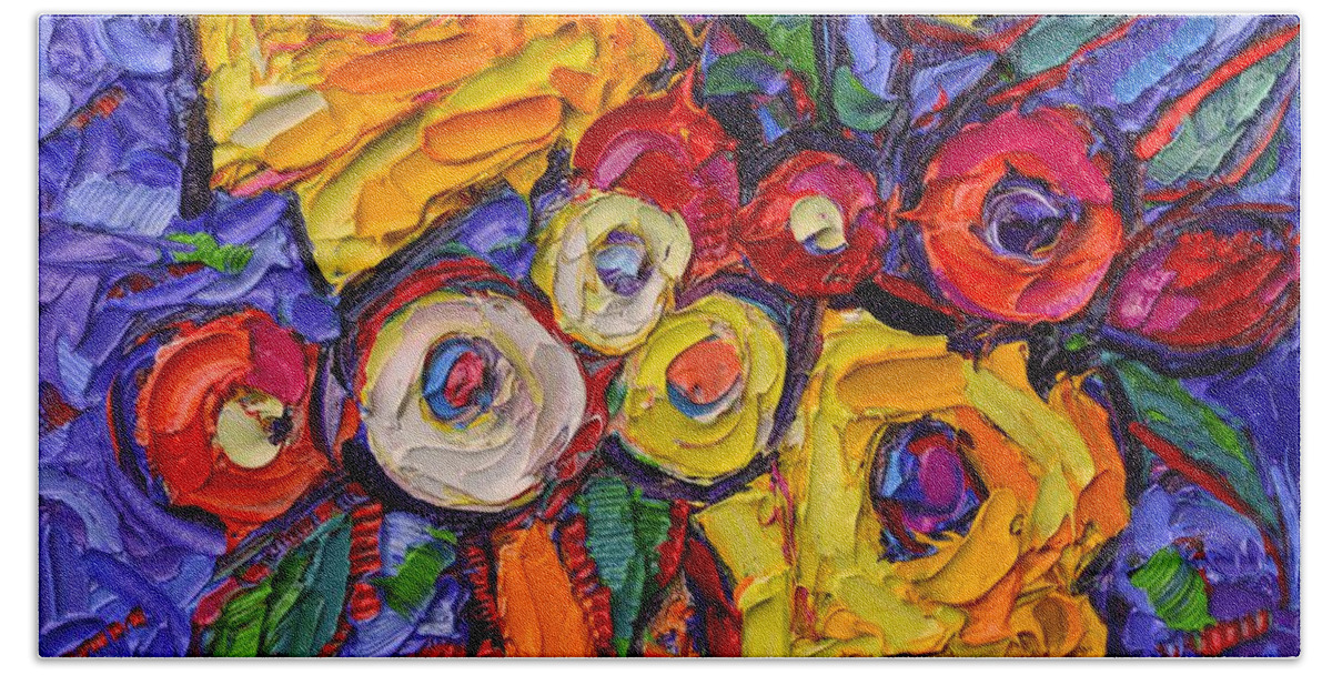 Rose Bath Towel featuring the painting YELLOW ROSES AND WILDFLOWERS abstract impressionist impasto knife oil painting by ANA MARIA EDULESCU by Ana Maria Edulescu