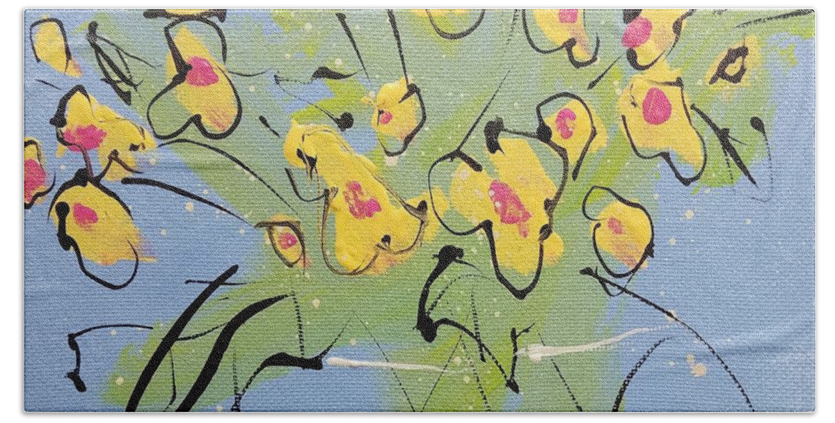 Yellow Bath Towel featuring the painting Yellow Sweetpeas by Terri Einer