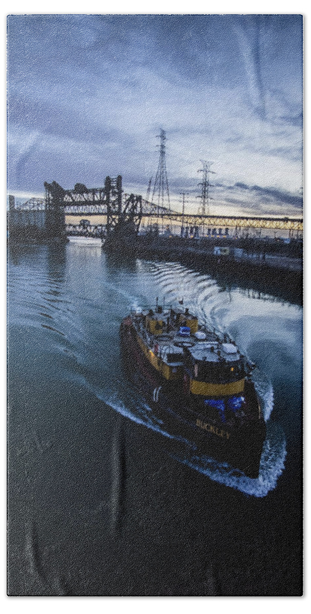 Tug Boat Bath Towel featuring the photograph Yellow Tug Boat Approaching by Sven Brogren