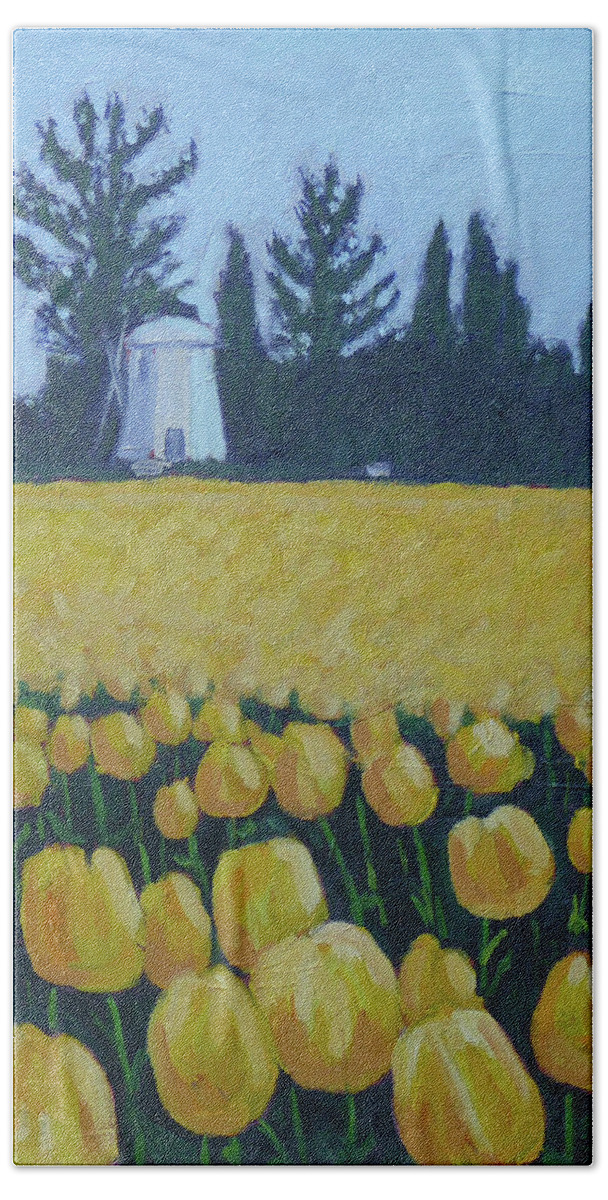 Tulips Bath Towel featuring the painting Yellow Tulips by Stan Chraminski