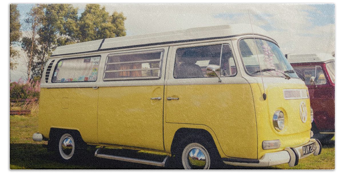Yellow VW T2 Camper Van 02 Bath Sheet by Richard Nixon - Pixels