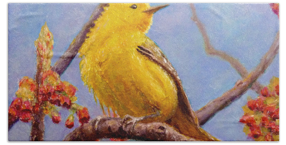 Birds Hand Towel featuring the painting Yellow Warbler by Joe Bergholm