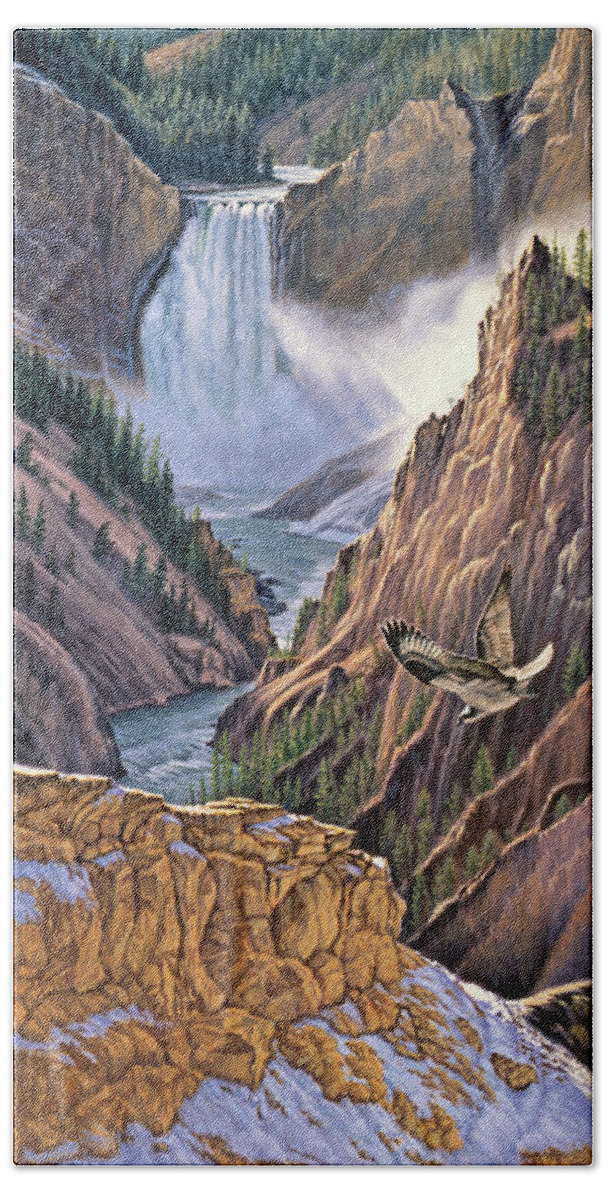 Yellowstone Park Hand Towel featuring the painting Yellowstone Canyon-Osprey by Paul Krapf