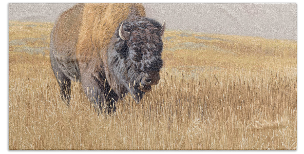Bison Hand Towel featuring the digital art Yellowstone King by Aaron Blaise