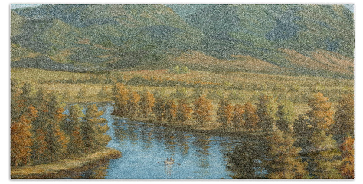Yellowstone River Bath Towel featuring the painting Yellowstone River Float by Guy Crittenden