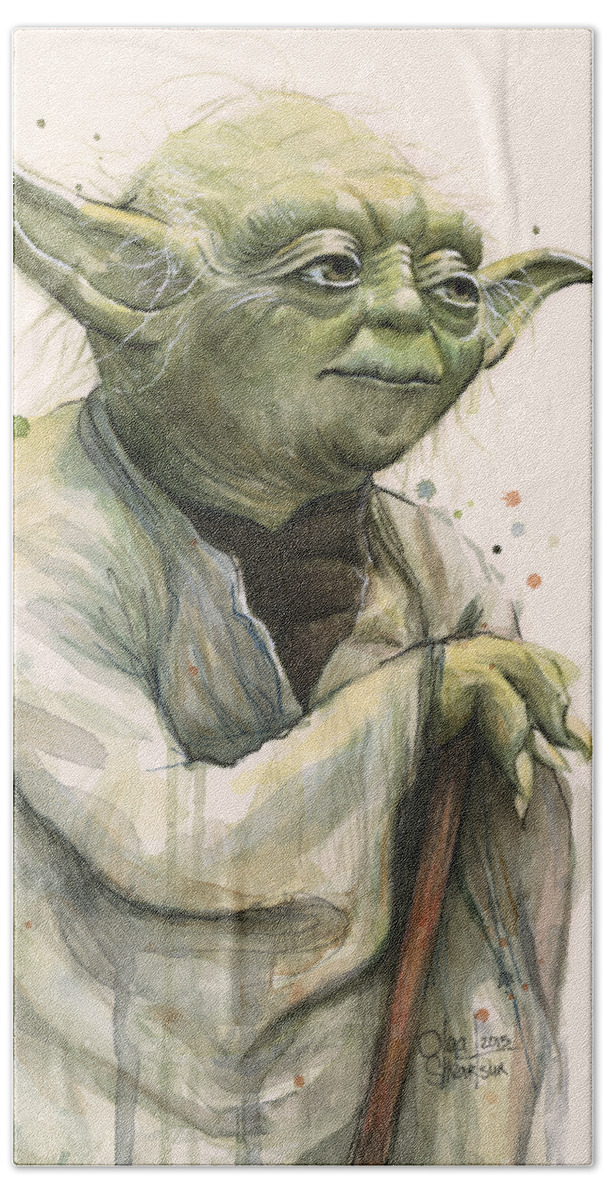 Yoda Bath Sheet featuring the painting Yoda Portrait by Olga Shvartsur