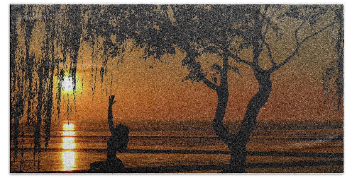 Yoga Hand Towel featuring the photograph Yoga By the Bay at Sunset by Andrea Kollo