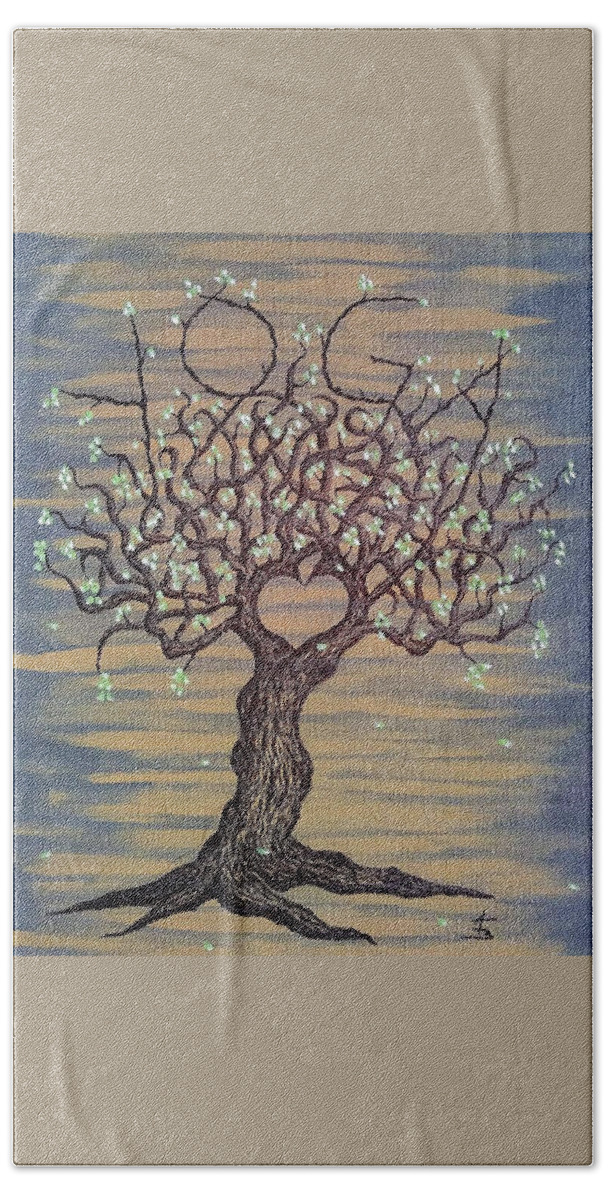 Yoga Hand Towel featuring the drawing Yoga Love Tree by Aaron Bombalicki