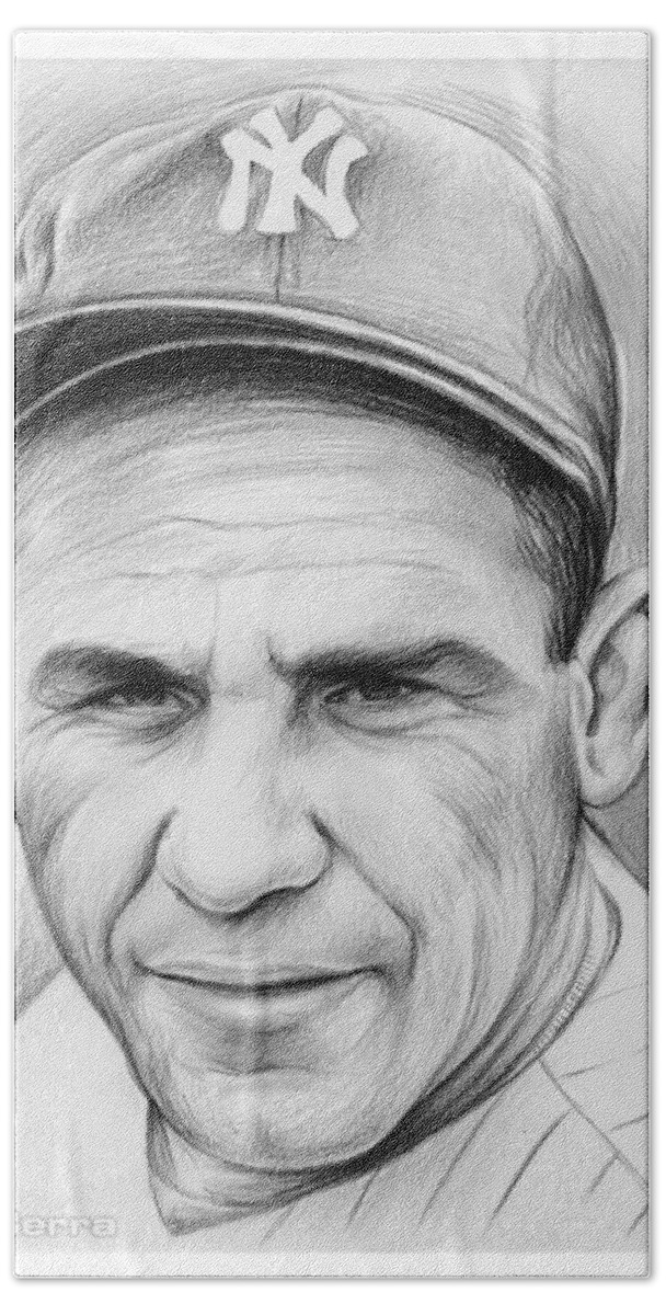 Yogi Berra Hand Towel featuring the drawing Yogi Berra by Greg Joens