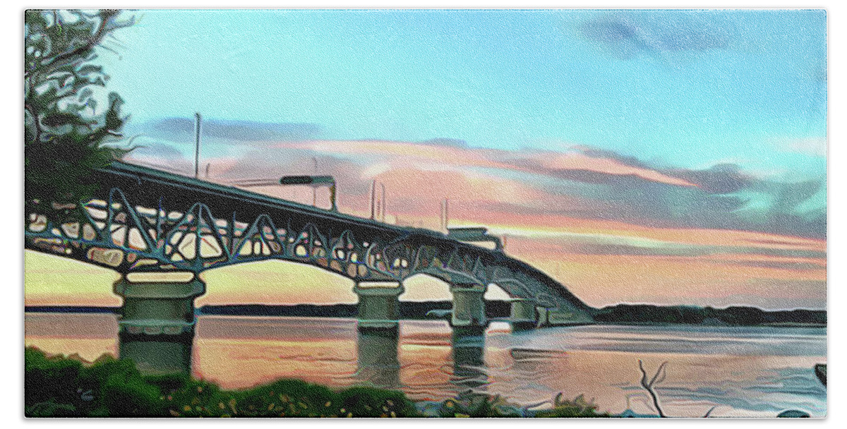 York River Bridge Hand Towel featuring the painting York River Bridge by Harry Warrick