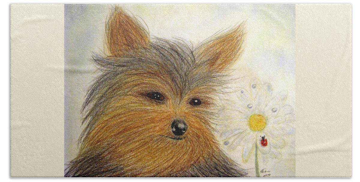 Yorkshire Terriers Bath Towel featuring the drawing Yorkie Summer Fun by Angela Davies