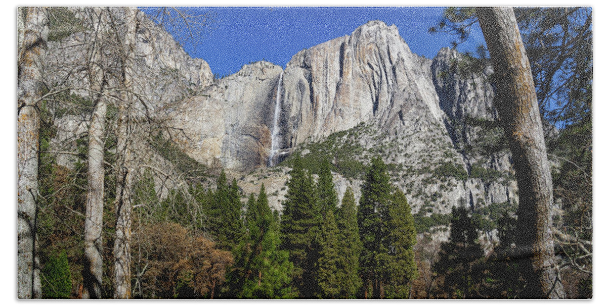 California Bath Towel featuring the photograph Yosemite Falls through the trees by Roslyn Wilkins