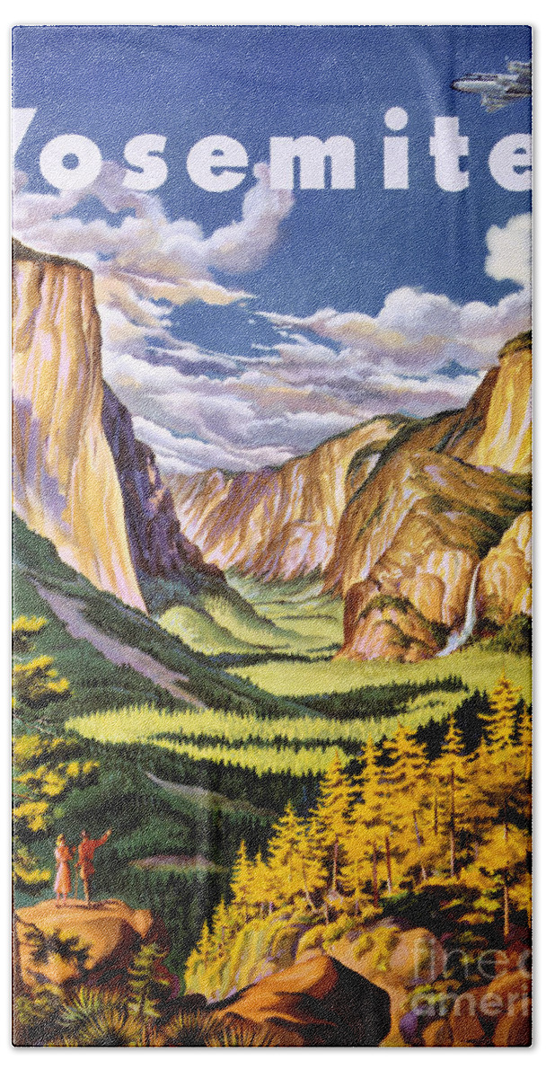 Yosemite Hand Towel featuring the painting Yosemite National Park Vintage Poster by Vintage Treasure