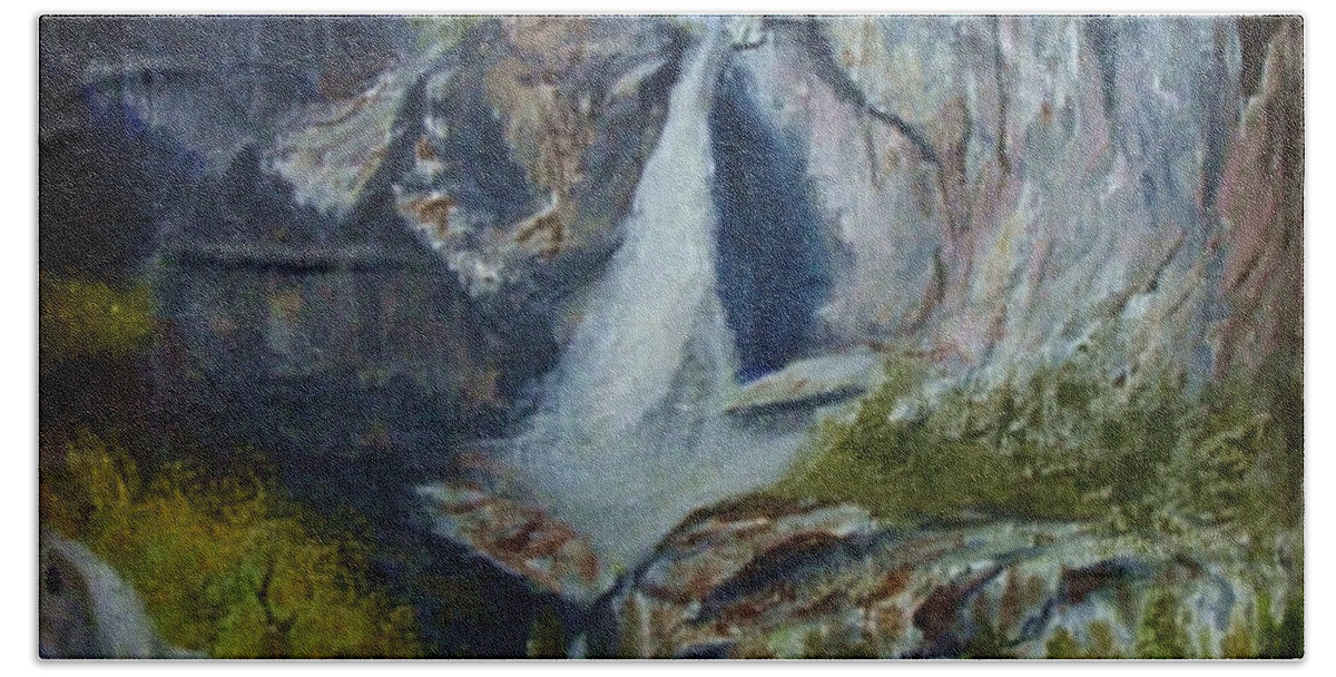 Waterfall Bath Towel featuring the painting Yosemite Waterfall by Quwatha Valentine